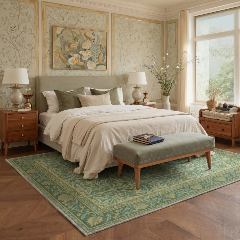 Tapis d'intérieur vert / jaune / beige à motif floral lavable à la machine avec envers antidérapant Allendale Arvella