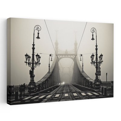 Misty City Bridge Dramatic Vintage Abstract Architecture City Wall Art Print 1 Piece Wrapped Canvas Wall Art