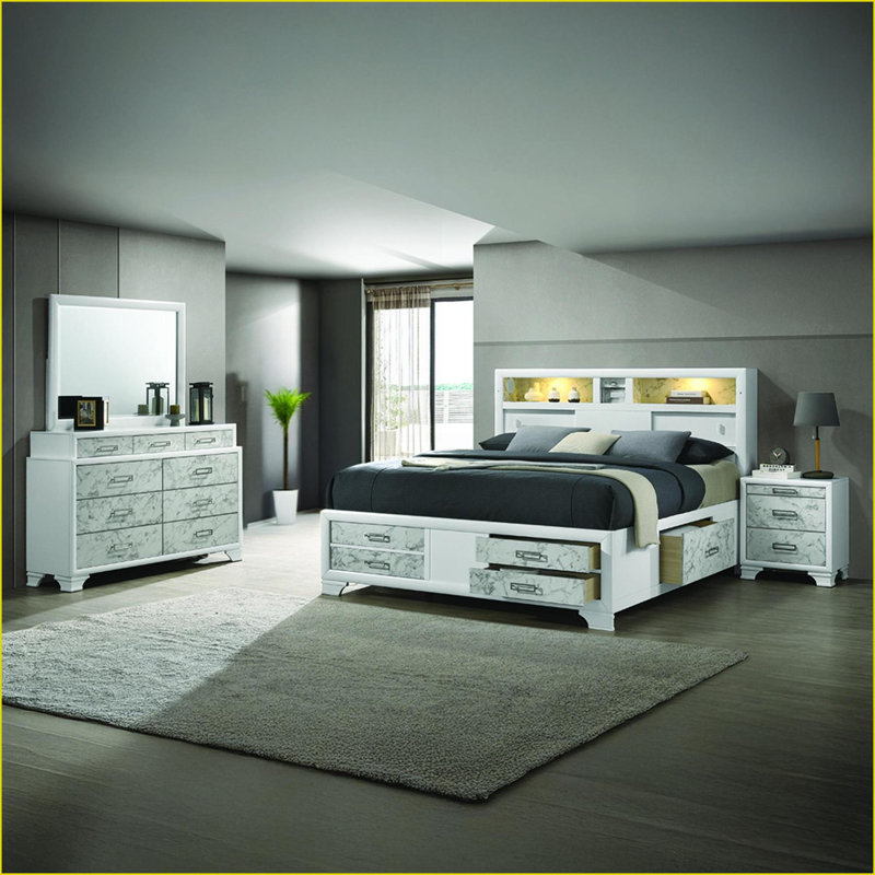 Ensemble de chambre à coucher grand lit en bois manufacturé blanc ivoire avec lumières 4PC / 5PC, USB-C, Bluetooth | Blanc | Bois