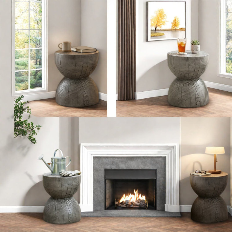 Tables de bout sculpturales, sablier aspect bois MGO, intérieur rustique extérieur, Grey*Grey Wood