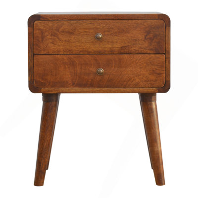Wood Curved Chestnut Nightstand, 2-Drawers,Nordic-Style Legs, Brown