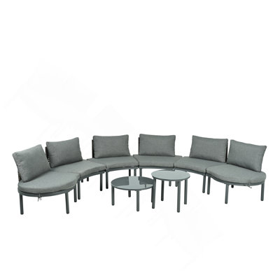 Ensemble de meubles de patio 8 pièces, canapé modulaire d'extérieur demi-lune avec 2 tables basses haute et basse, rotin en osier PE, verre trempé, 6 coussins et coussins, pour cour, jardin, bord de piscine, gris