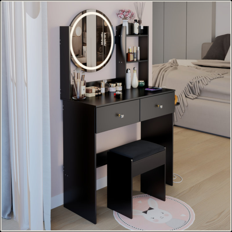 17" Round LED Mirror Vanity Table+Cushioned Stool, Equipped With 2 AC+2 USB Power Socket, Big Mirror, Touch Switch, 3 Colors, Adjustable Brightness, Large Desktop, Multi-Layer High Capacity Storage
