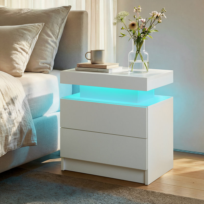 LED Nightstand with Drawers, White