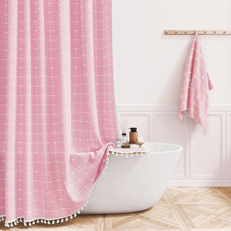 Ensemble de rideau de douche extra long avec pompons Boho Chic, H 72 po x l 72 po, Carreaux roses