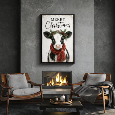 «Merry Christmas Calf with Red Scarf Farmhouse Holiday», reproduction d'art encadrée