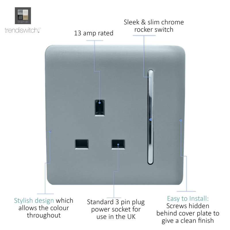 Trendi Switch 1 Gang 13 Amp Switched Plug Socket, Cool Grey