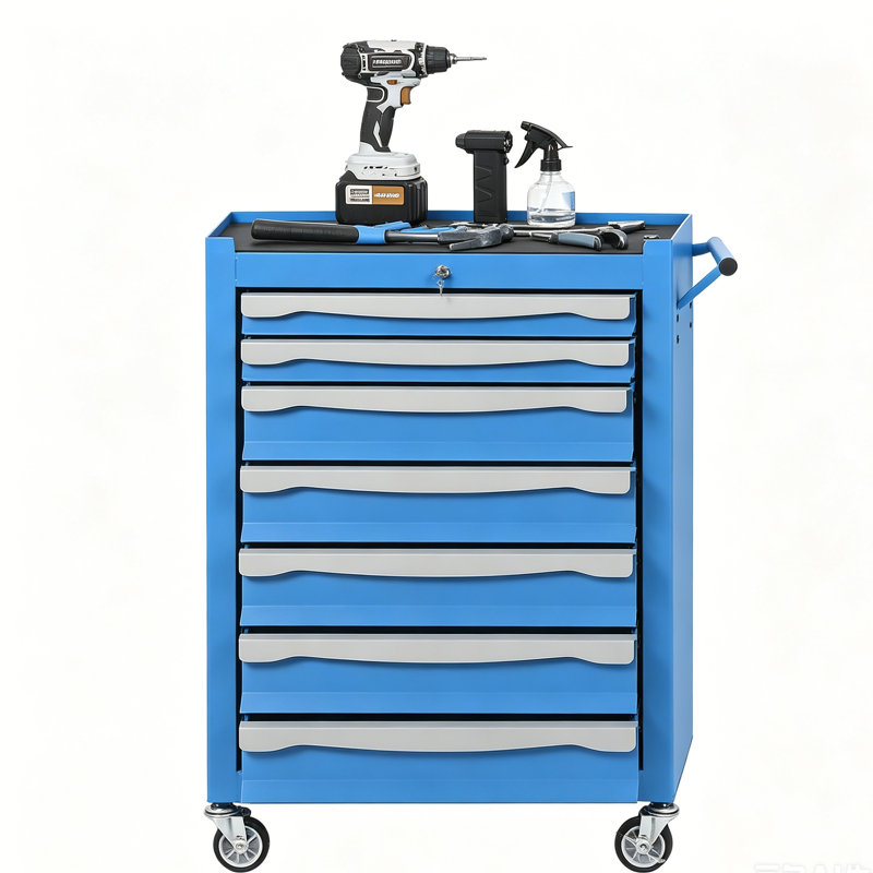 Armoire à outils robuste à 7 tiroirs à roulettes - serrure sécurisée - roues pivotantes à 360 ° - grande boîte à outils de rangement en métal pour garage, atelier, entrepôt, maison - bleu, 61,5 x 35 x 86,5 cm