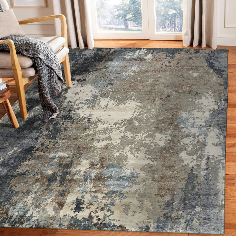 Sky Blue Hand-Knotted Wool and Silk Abstract Rug, 8' x 10'