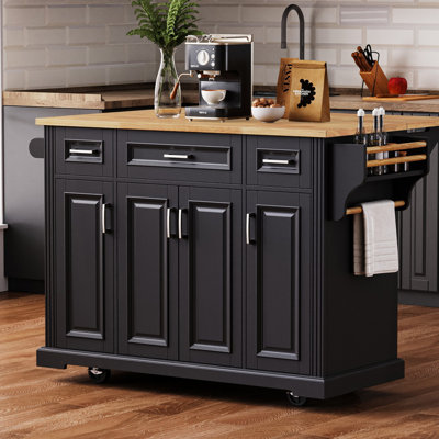 Grand îlot de cuisine de 54 pouces avec abattant en bois d'hévéa, chariot de cuisine à roulettes en relief sur 4 roues avec 4 portes et 3 tiroirs, îlot de cuisine avec rangement pour la cuisine, la salle à manger