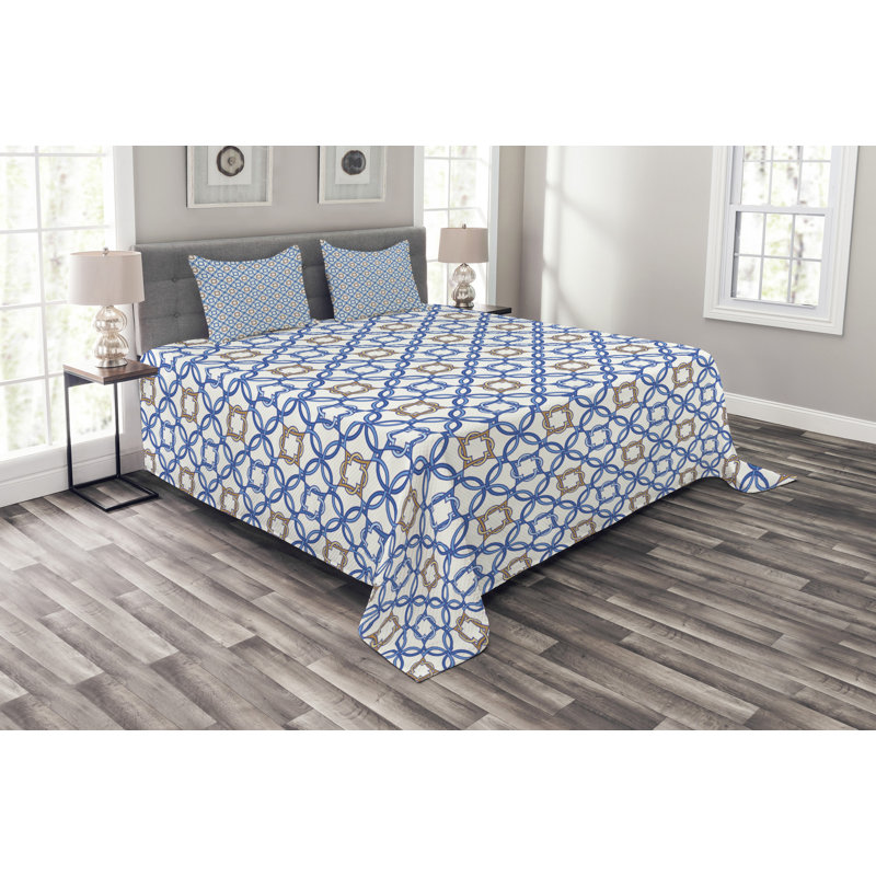 Adree Brown/Blue/White Microfibre Bedspread Set, 220 x 264 cm