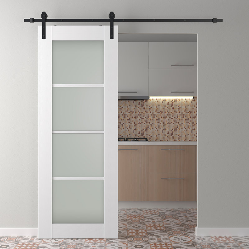 Porte de grange préfabriquée en bois manufacturé massif Palladio 4 Lite, Blanc noble, 29,75 po x 83,23 po