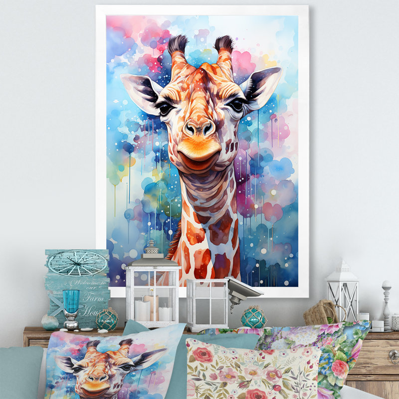 Portrait de girafe Pop Art - Reproduction d'art mural girafe, Cadre simple blanc, H 32 po x l 24 po x P 1 po