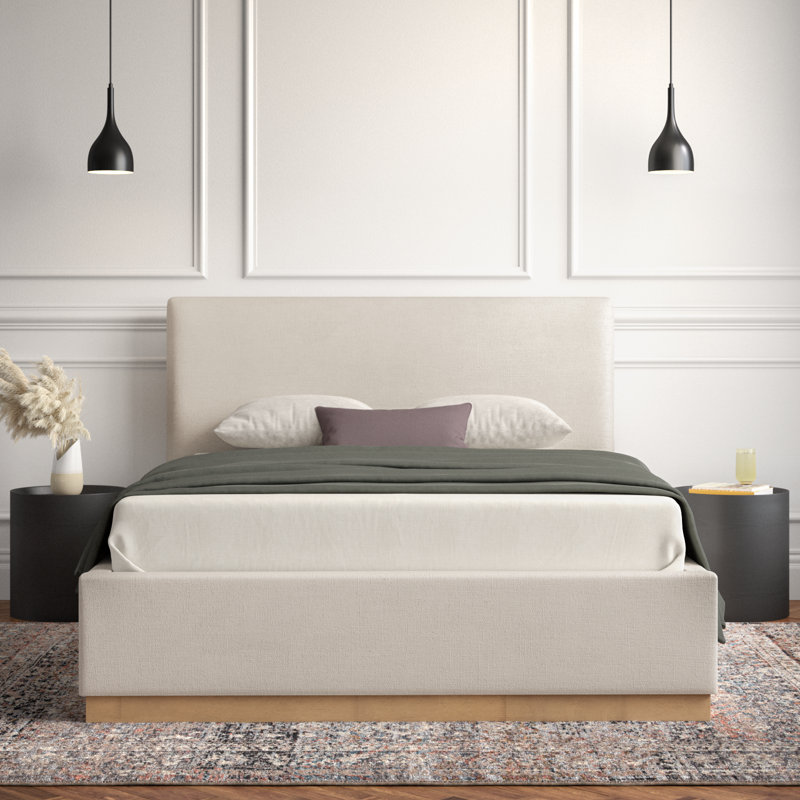 Delpha Grounded Upholstered Wood Base Bed, King, Effie Linen Performance Linen