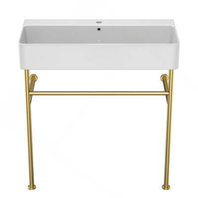 31.5" Bathroom Console Sink With Overflow, Ceramic Console Sink White Basin Gold Legs