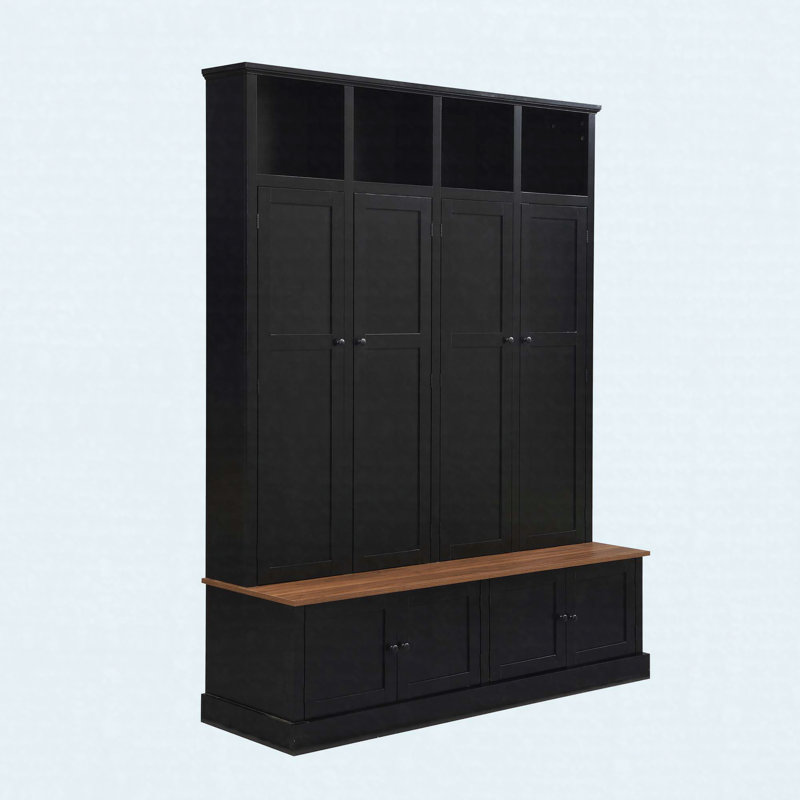 76.7" Farmhouse Hall Tree with Bench and Cabinet, 4-in-1 Entryway Storage Organizer with Hooks and Open Cubbies, Black