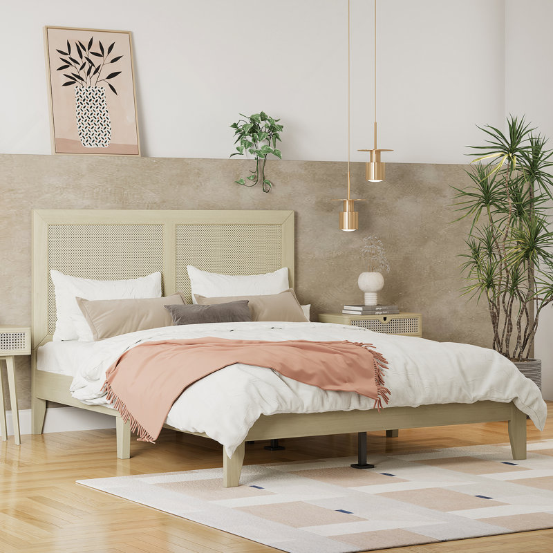 Lit plateforme solide avec rotin, Queen