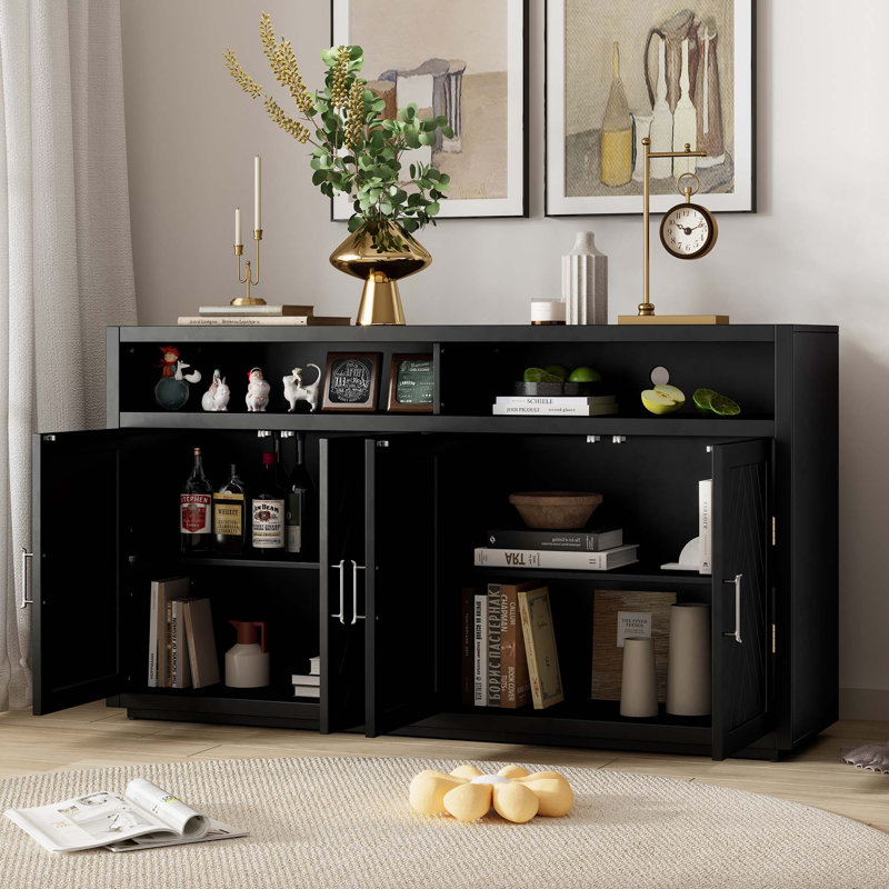 Buffet classique à 4 portes avec rangement ouvert et tablettes réglables parfaites pour les cuisines et les salons, Noir