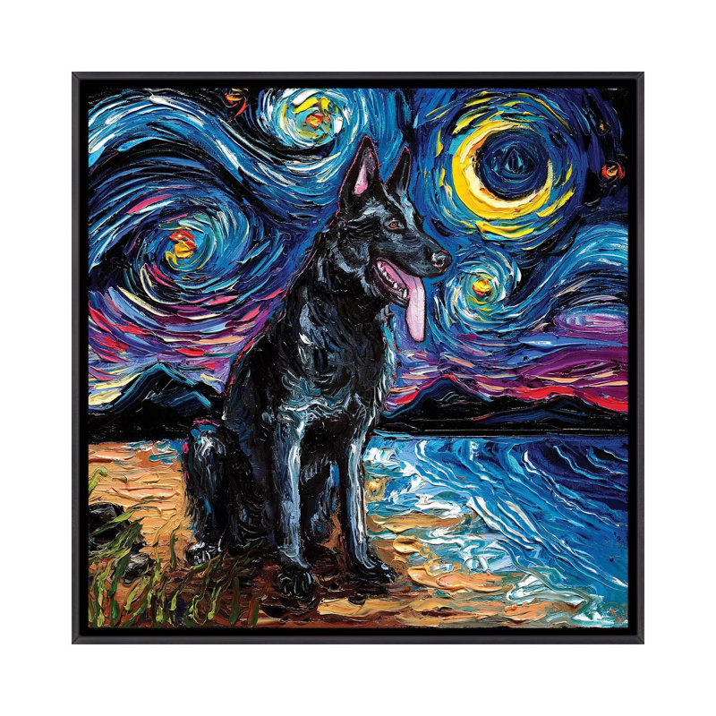 «Black German Shepherd Night» par Aja Treves - reproduction d'art, Pas de tapis, Toile avec cadre noir patiné