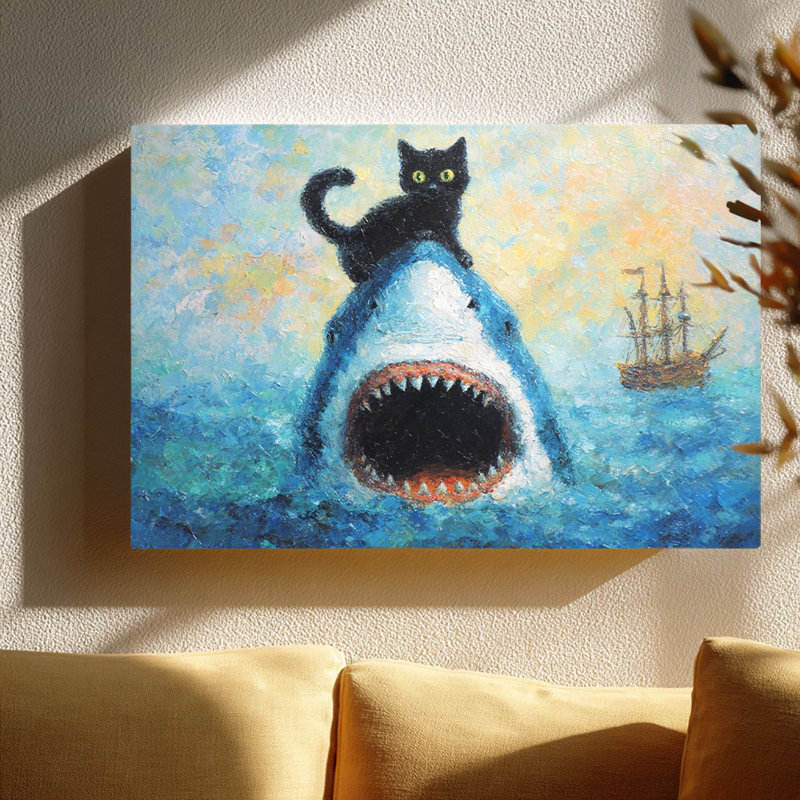 Whimsical Black Cat on Shark Canvas Wall Art (Nautical Humor) Stretched Frame for Eclectic Studio, 40*30 inch(100*75*2cm)