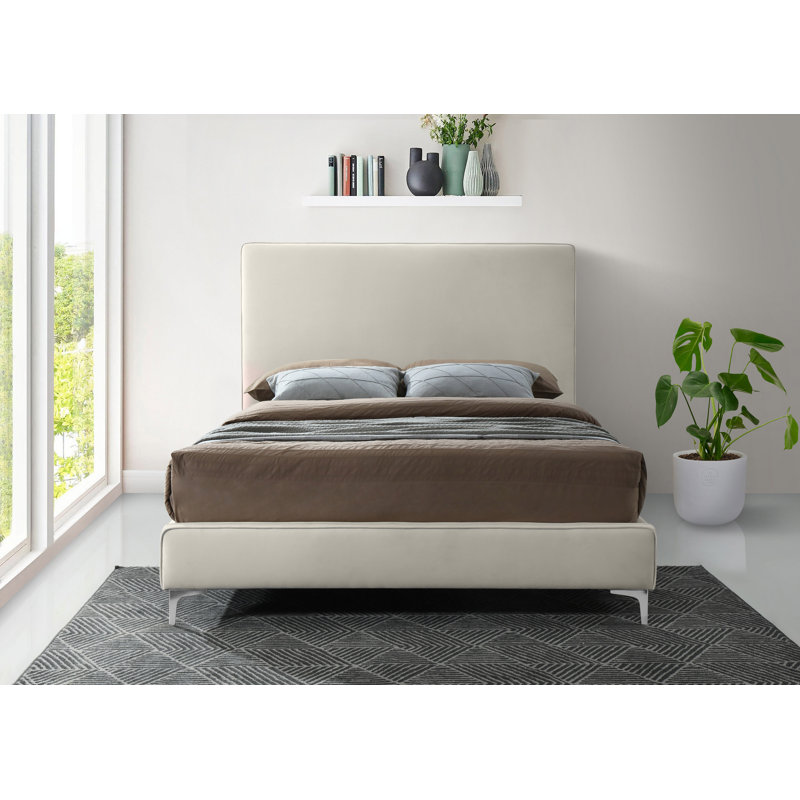 Upholstered Platform Bed, King, Cream Velvet