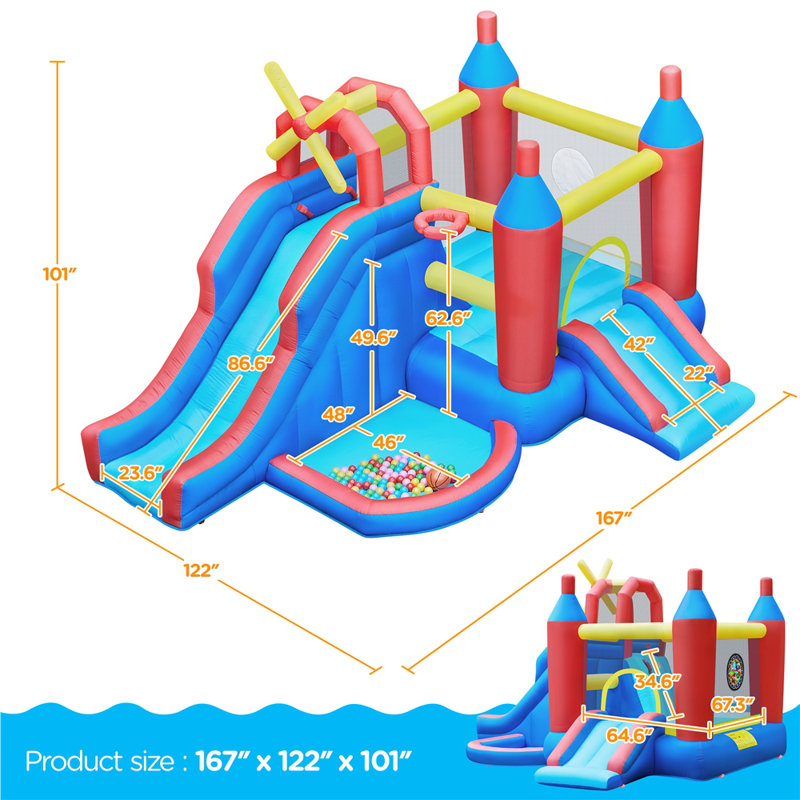 Blue and Red Inflatable Bounce House with Slide and Ball Pit