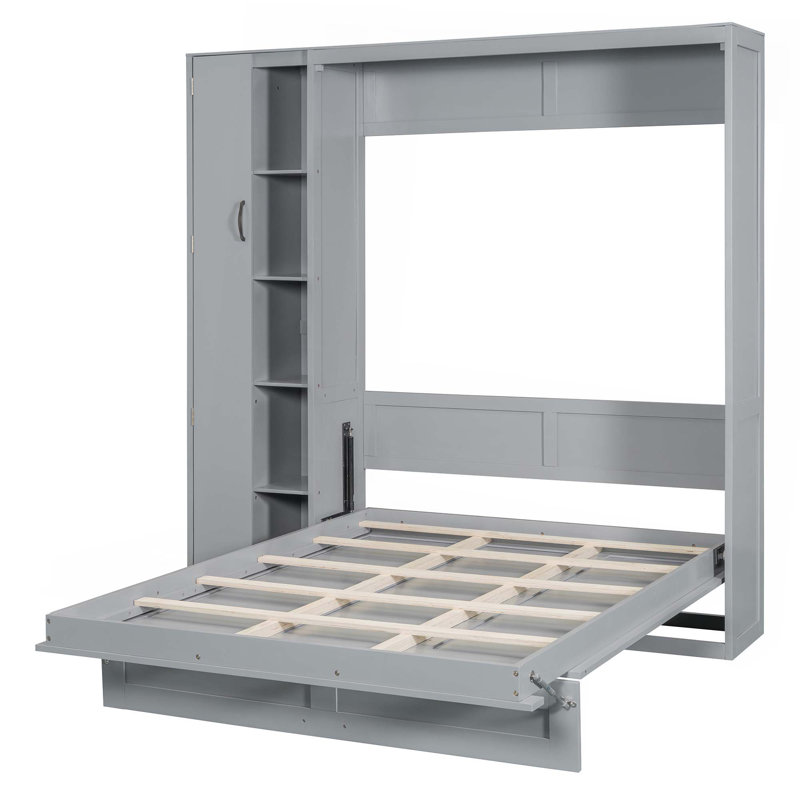 Murphy Bed Wall Bed With Shelves, Wardrobe And LED Lights, Full , Gray