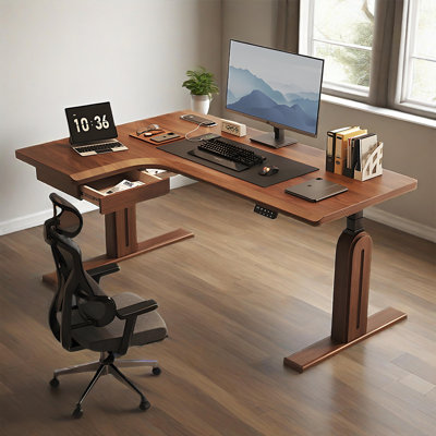 Bureau d'étude et de bureau réglable en L en bois d'hévéa massif de 55,12 po