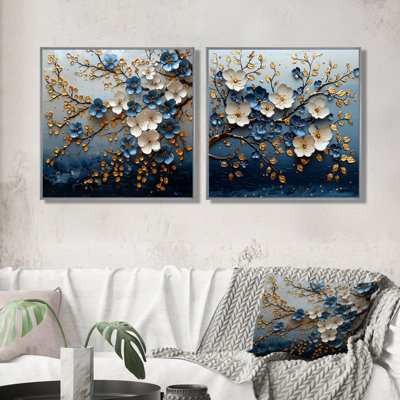"Blue Cherry Blossom Branch in China III" - Art mural traditionnel pour salon 2 pièces