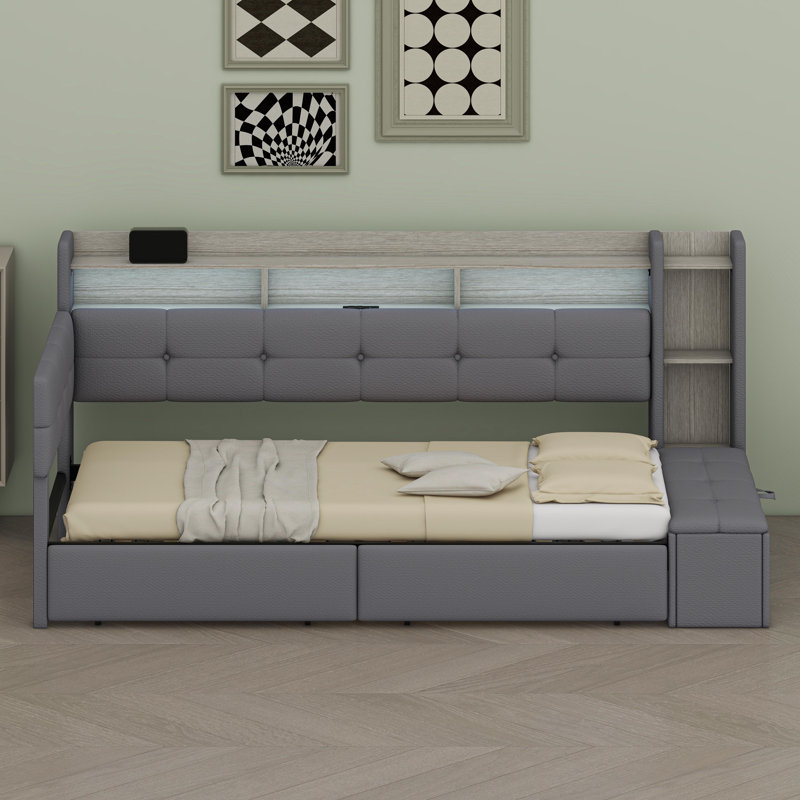 Lit de jour rembourré avec repose-pieds de rangement, tablettes, tiroirs, charge USB et lumière DEL, Gris