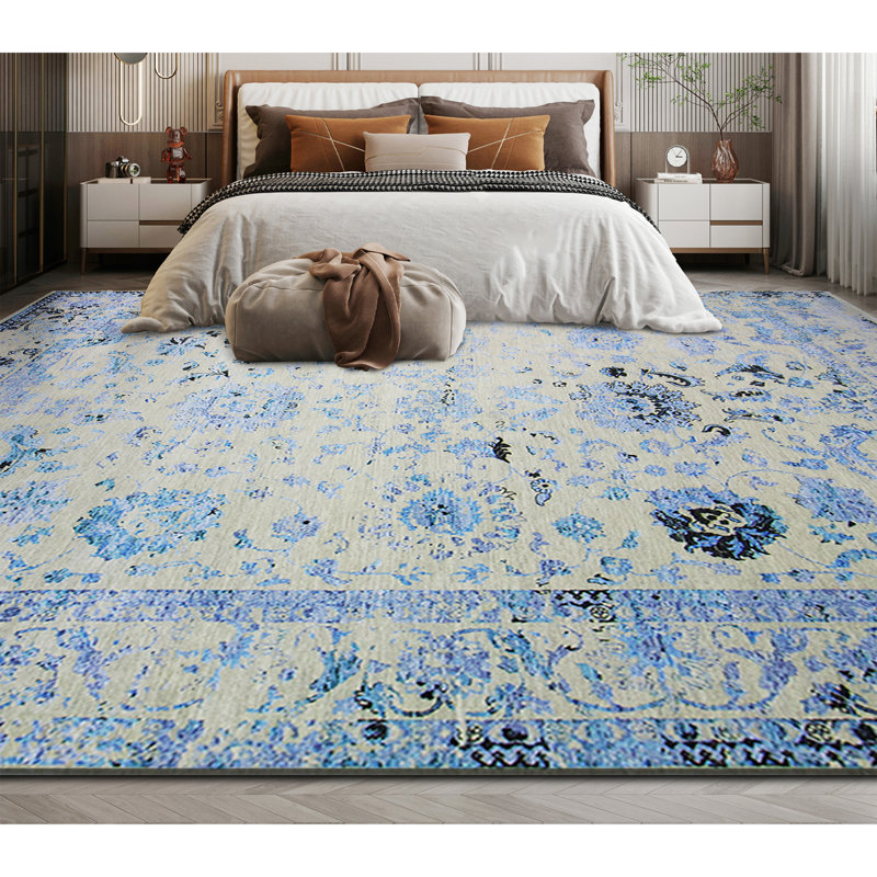 Tapis argenté / turquoise / noir noué à la main de haute qualité, Rectangle 9 pi x 12 pi