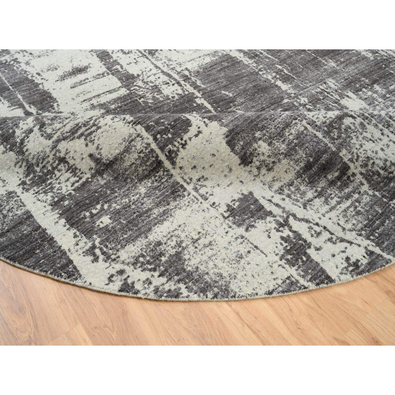 Tapis rond 10 pi x 10 pi noir, gris anthracite, ton sur ton, jacquard tissé à la main, laine et soie à base de plantes 9EFA97F679B4400290BBCC26D061F686