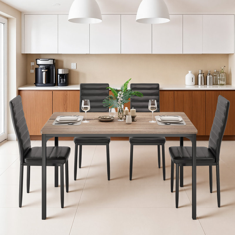 Ensemble de table de salle à manger 4 personnes avec plateau en bois massif et chaises rembourrées, Gris