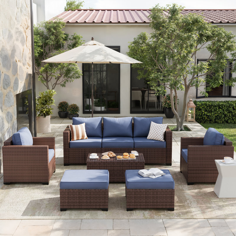 Ensemble de mobilier de jardin en résine tressée pour 5 personnes avec coffre de rangement et poufs, Bleu