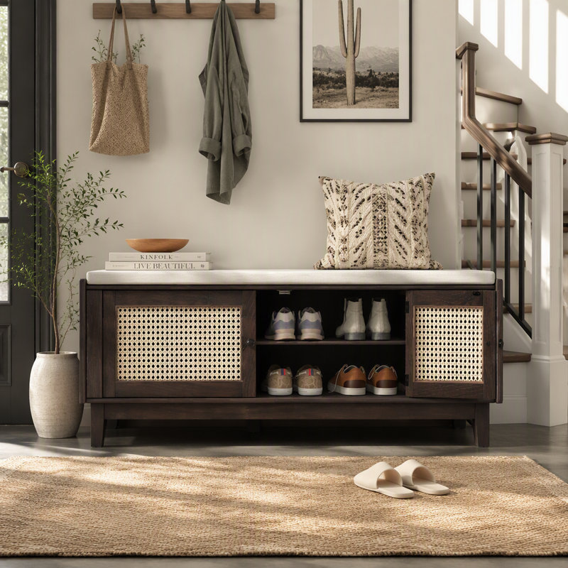 Banc d'entrée en rotin avec rangement Boho, banc à chaussures rembourré avec portes doubles, rangement en bois