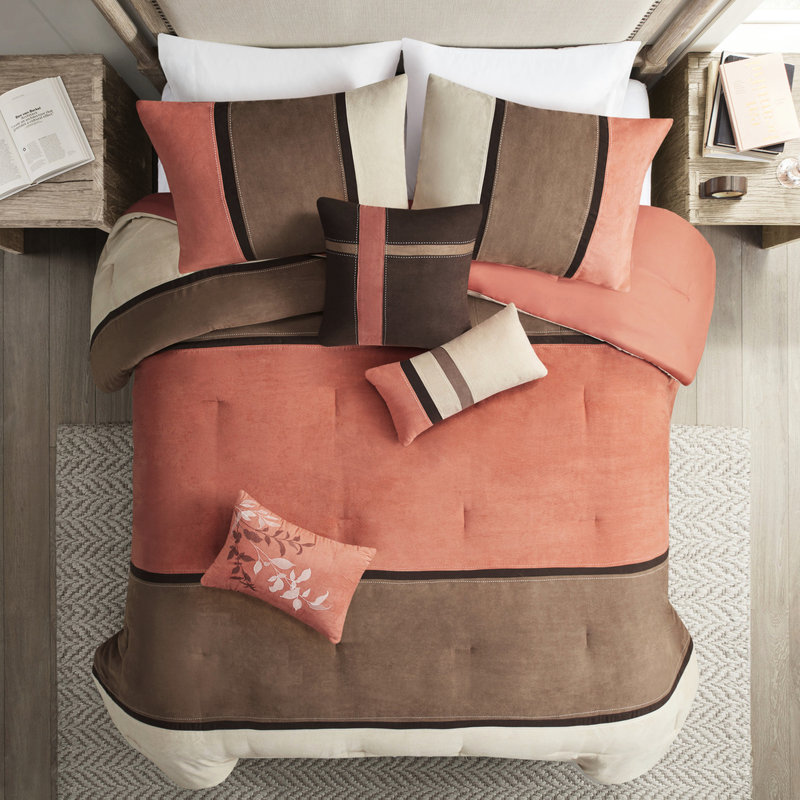 Édredon grand 7 pièces - Literie en simili suède corail 2 taies décoratives, 1 coussin décoratif, 1 jupe de lit, Corail