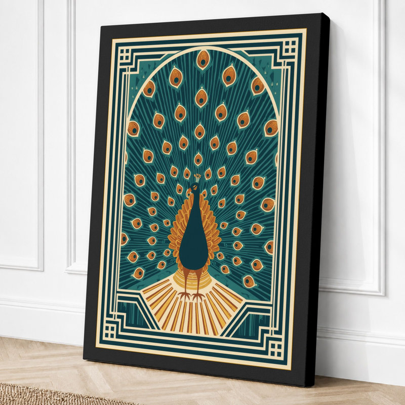 Peacock Art Deco 1 Piece Wrapped Canvas Wall Art, 30x20 - 76.2 x 50.8 cm, Black Border