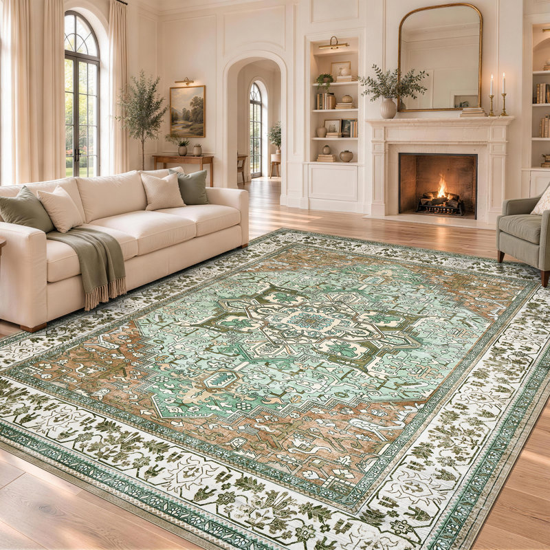 Tapis lavable rétro à motif médaillon d'inspiration persane, Rectangulaire 8 pi x 10 pi