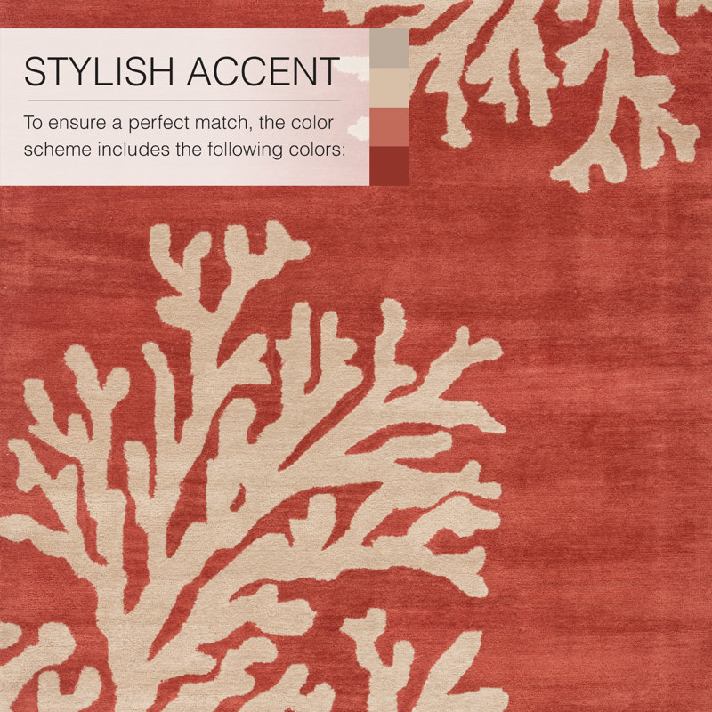 Coastal Seaside Wool Floral Area Rug in Orange, Rectangle 2' x 3'