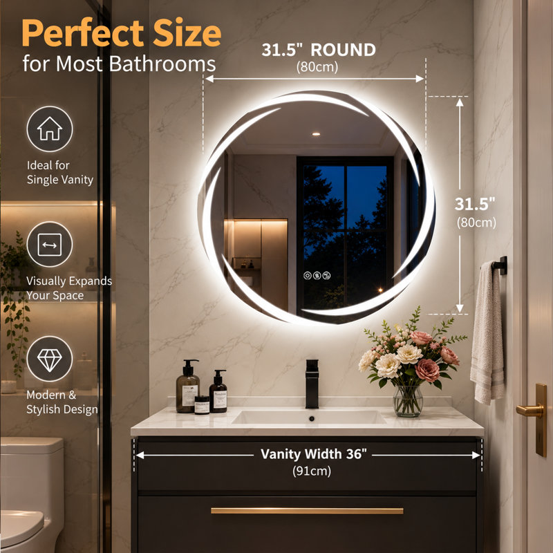 Miroir de salle de bain rond à DEL de 80 cm (31,5 po) avec haut-parleurs Bluetooth, antibuée, éclairage à intensité variable de 3 couleurs et commande tactile