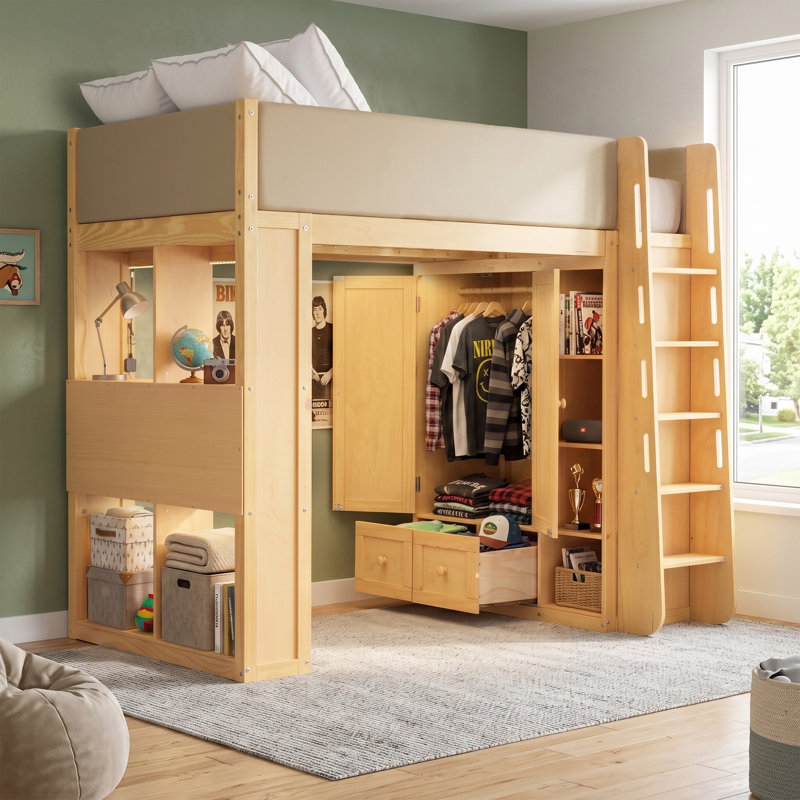 Lit mezzanine Haven Kids avec garde-corps en cuir et garde-robe intégrés, Lit simple, Naturel