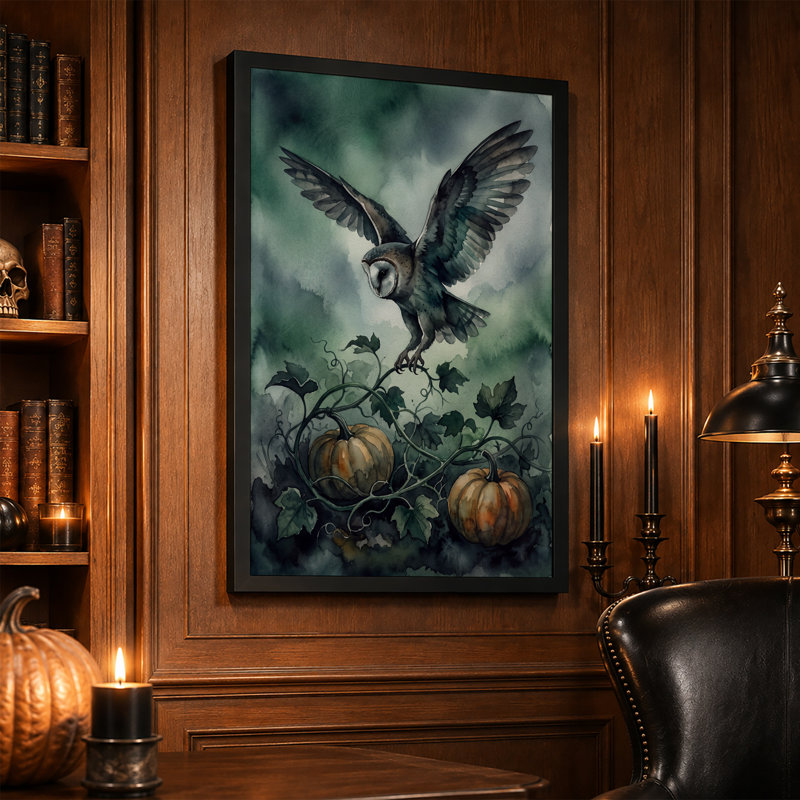 Chouette effraie volant au-dessus de citrouilles et de vignes vertes - Tableau sur toile pour l'Halloween, H 18 po x l 12 po