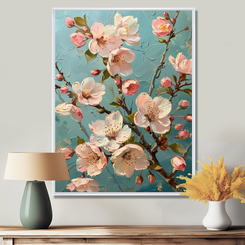 Fleur de cerisier rose - impression d'art mural, Toile encadrée flottée blanche, H 24 po x l 32 po x P 1 po