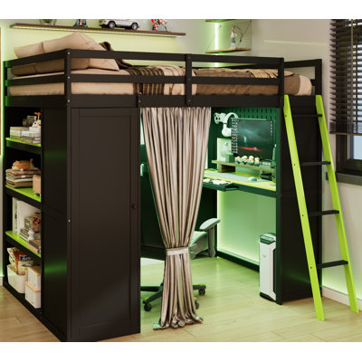 Lit mezzanine en bois pleine grandeur avec garde-robe, tablettes, rideaux occultants et lumières RVB, noir et vert