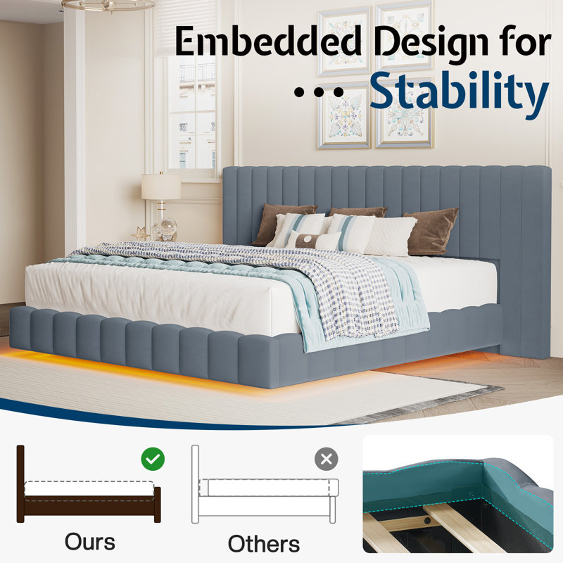 Floating Upholstered Bed Frame with Oversized Headboard and RGB LED Lighting, Gray, King
