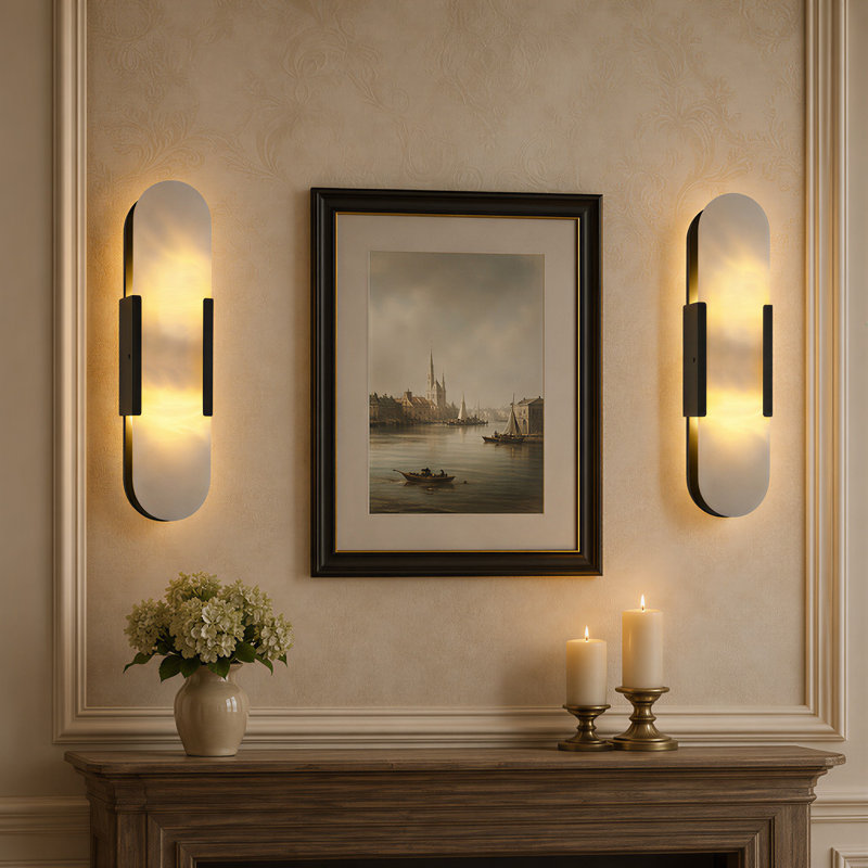 Ephraim 20" Height Dimmable Modern Flush Mounted Sconce Wall Light With Alabaster Shade, 2, Black
