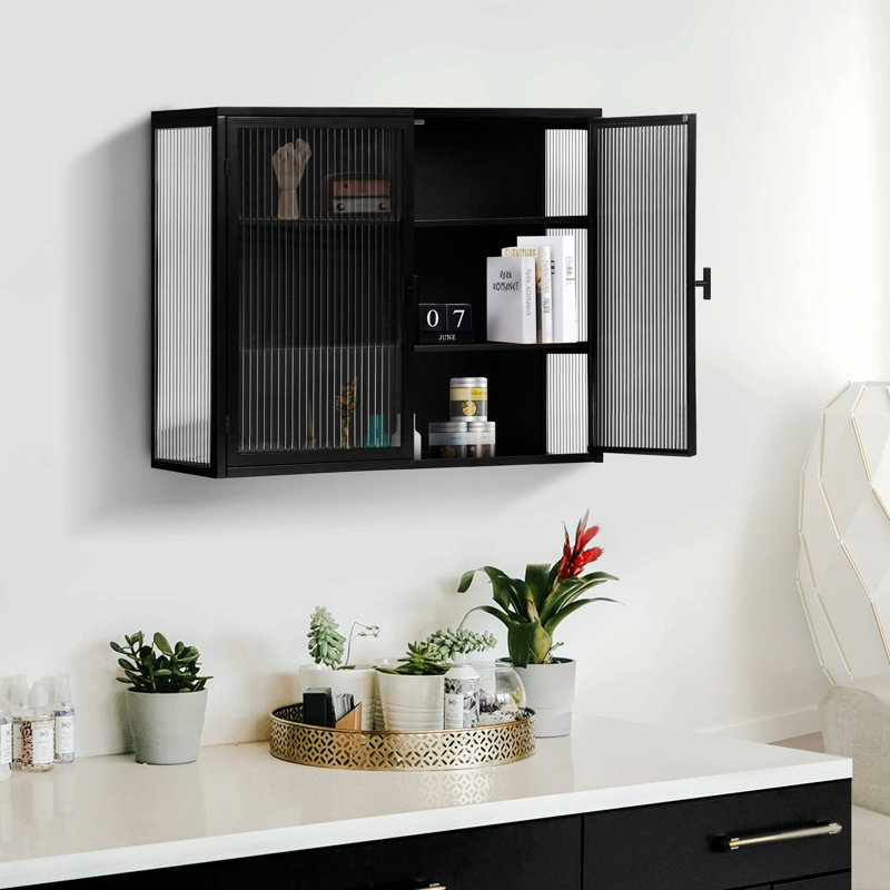 Metal Frame Cabinet, Wall Cabinet, Bathroom Cabinet With Storage Shelf And Glass Doors, Black