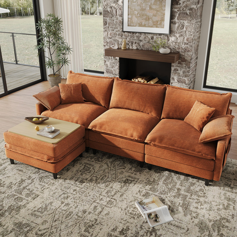 108'' Comfy  L Shaped Sectional Modular Deep Cloud Sofa with Ottoman- Premium Fabric, Orange