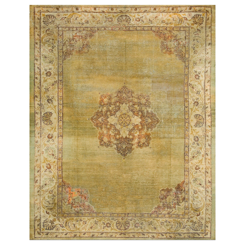 Tapis antique antique Amristar avec médaillon envoûtant sur fond vert clair