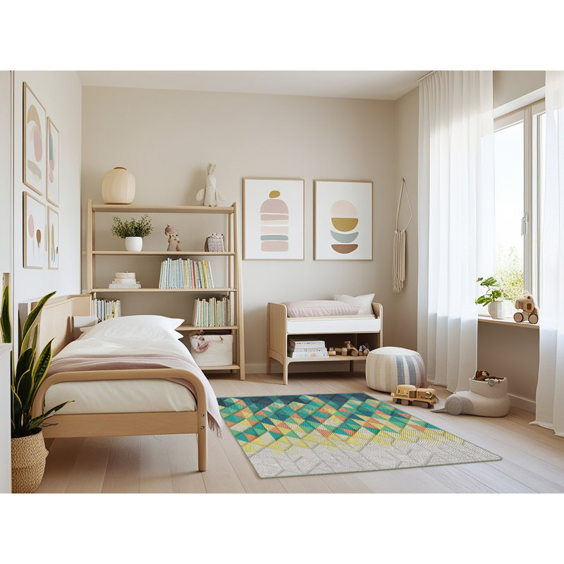 Tapis vert/jaune/gris à motifs, Rectangle 3 pi x 5 pi